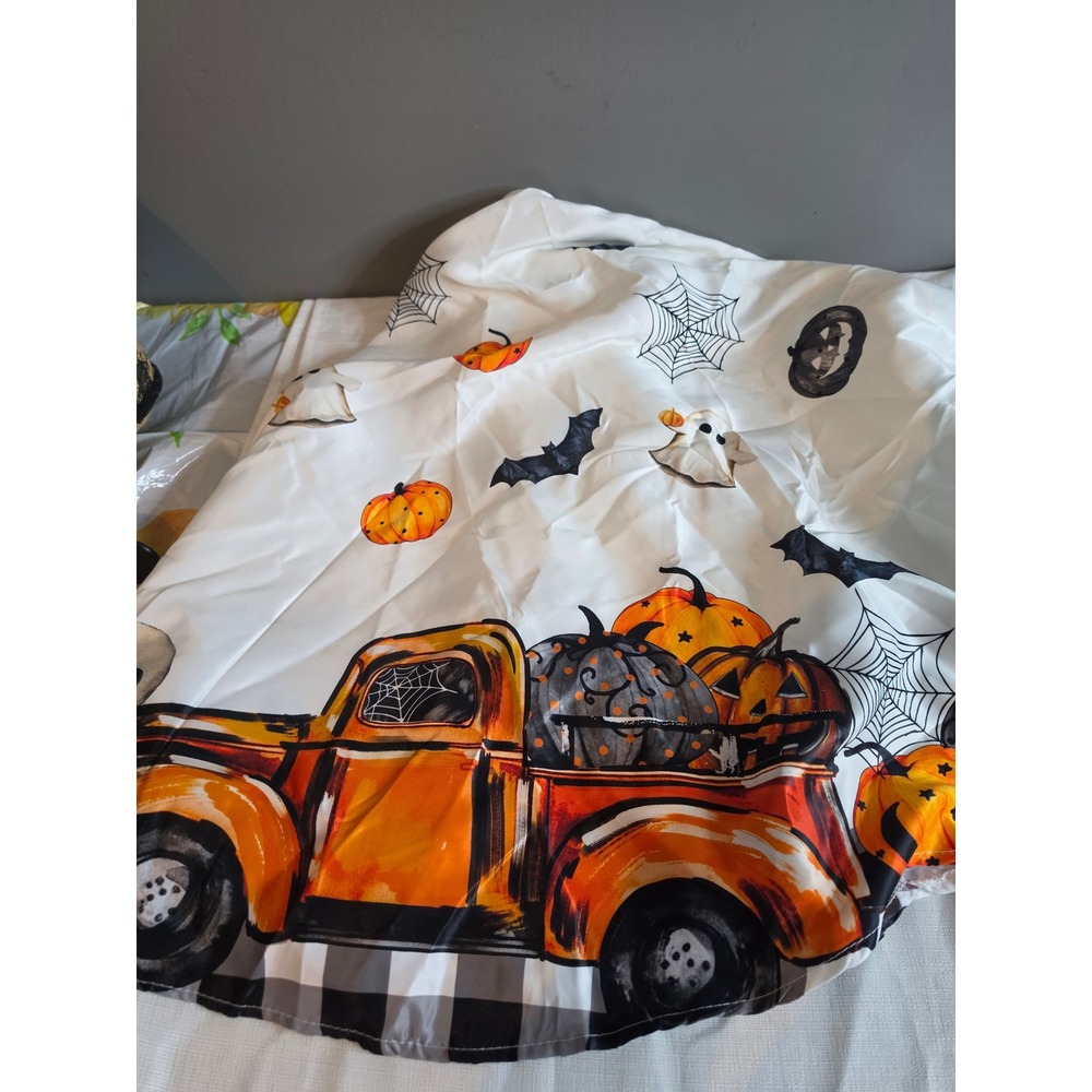 Halloween Round Tablecloth Vintage Pumpkin Truck Ghost Black Cat Spooky Decor